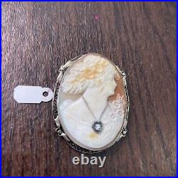 Antique Hand Carved Shell Cameo Pin Pendant Brooch Victorian Woman Diamond