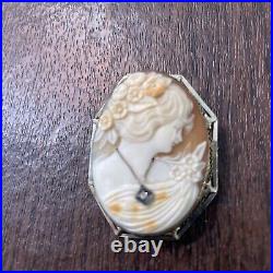 Antique Hand Carved Shell Cameo Pin Pendant Brooch Victorian Woman Diamond