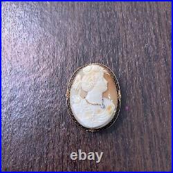 Antique Hand Carved Shell Cameo Pin Pendant Brooch Victorian Woman Diamond