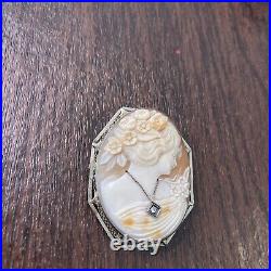 Antique Hand Carved Shell Cameo Pin Pendant Brooch Victorian Woman Diamond