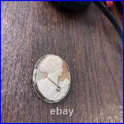 Antique Hand Carved Shell Cameo Pin Pendant Brooch Victorian Woman Diamond