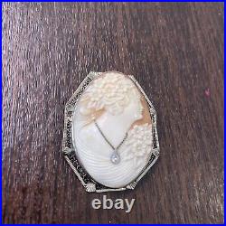 Antique Hand Carved Shell Cameo Pin Pendant Brooch Victorian Woman Diamond