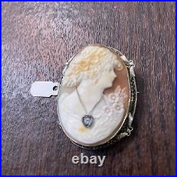 Antique Hand Carved Shell Cameo Pin Pendant Brooch Victorian Woman Diamond