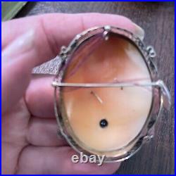 Antique Hand Carved Shell Cameo Pin Pendant Brooch Victorian Woman Diamond