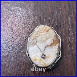 Antique Hand Carved Shell Cameo Pin Pendant Brooch Victorian Woman Diamond