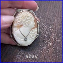 Antique Hand Carved Shell Cameo Pin Pendant Brooch Victorian Woman Diamond