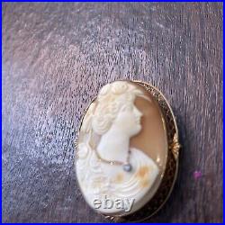 Antique Hand Carved Shell Cameo Pin Pendant Brooch Victorian Woman Diamond