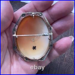 Antique Hand Carved Shell Cameo Pin Pendant Brooch Victorian Woman Diamond