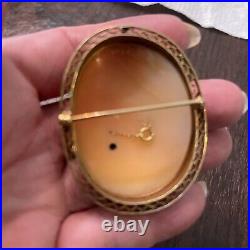 Antique Hand Carved Shell Cameo Pin Pendant Brooch Victorian Woman Diamond