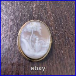 Antique Hand Carved Shell Cameo Pin Pendant Brooch Victorian Woman Tree House