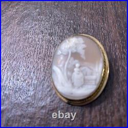Antique Hand Carved Shell Cameo Pin Pendant Brooch Victorian Woman Tree House