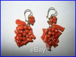 Antique Hand Carved Victorian Branch Red Coral & 14kt Gold Chandelier Earrings