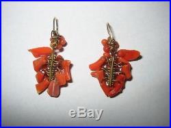 Antique Hand Carved Victorian Branch Red Coral & 14kt Gold Chandelier Earrings