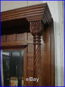 Antique Hand Carved Victorian Twisted Barley Column Quarter Sewn Oak Mantel