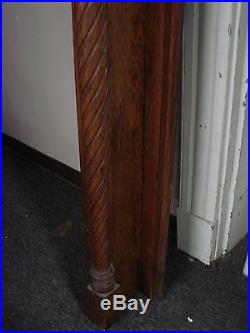 Antique Hand Carved Victorian Twisted Barley Column Quarter Sewn Oak Mantel
