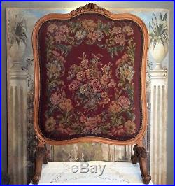 Antique Hand Carved Walnut Victorian Needlepoint Fireplace Screen