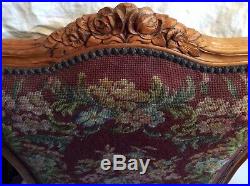 Antique Hand Carved Walnut Victorian Needlepoint Fireplace Screen