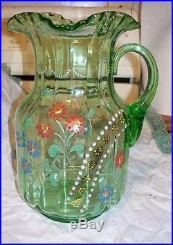 Antique Hand Enameled Paneled Green Pitcher 6 Tumblers Water Set Victorian