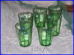 Antique Hand Enameled Paneled Green Pitcher 6 Tumblers Water Set Victorian