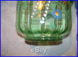 Antique Hand Enameled Paneled Green Pitcher 6 Tumblers Water Set Victorian