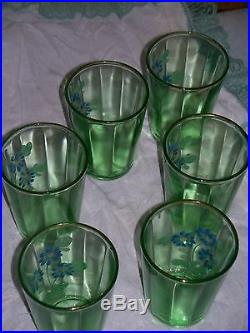 Antique Hand Enameled Paneled Green Pitcher 6 Tumblers Water Set Victorian