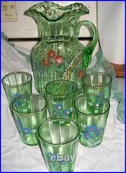 Antique Hand Enameled Paneled Green Pitcher 6 Tumblers Water Set Victorian