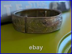 Antique Hand-Engraved Sterling Silver Floral Bangle Bracelet Hinged Victorian Antique Hand-Engraved Sterling Silver Floral Bangle Bracelet Hinged Victorian