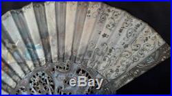 Antique Hand Fan Cloth Handpainted Victorian Ladies Ornate Open Work