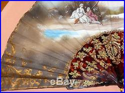 Antique Hand Fan In Custom Framed Case Victorian Catalin Linen Signed J. Bellue