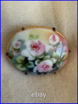 Antique Hand Painted Brooch Oval Floral Painted Porcelain Brooch 1800's Brooch