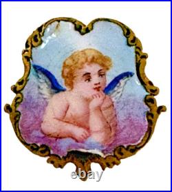 Antique Hand Painted Cherub Angel Brooch Exquisite