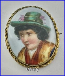 Antique Hand Painted Green Hat Vagabond Boy Portrait Goldtone Brass Frame Brooch