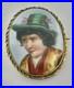 Antique Hand Painted Green Hat Vagabond Boy Portrait Goldtone Brass Frame Brooch