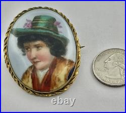 Antique Hand Painted Green Hat Vagabond Boy Portrait Goldtone Brass Frame Brooch