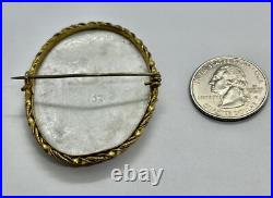 Antique Hand Painted Green Hat Vagabond Boy Portrait Goldtone Brass Frame Brooch