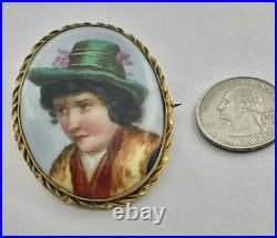 Antique Hand Painted Green Hat Vagabond Boy Portrait Goldtone Brass Frame Brooch