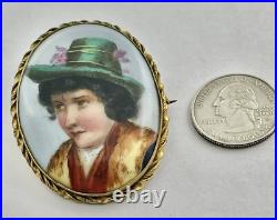 Antique Hand Painted Green Hat Vagabond Boy Portrait Goldtone Brass Frame Brooch
