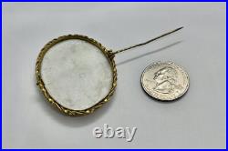 Antique Hand Painted Green Hat Vagabond Boy Portrait Goldtone Brass Frame Brooch