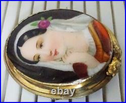 Antique Hand Painted Italian Lady Victorian Portrait Porcelain Vintage Brooch