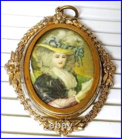 Antique Hand Painted Ladies Victorian Portrait Porcelain Vintage Swivel Pendant