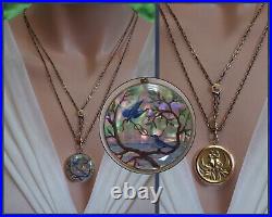 Antique Hand Painted Love Knot Blue Birds Mother Pearl Pendant Victorian Locket