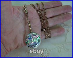 Antique Hand Painted Love Knot Blue Birds Mother Pearl Pendant Victorian Locket