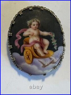 Antique Hand Painted Porcelain Chubby Cherub Lead On Sled By 2 Doves Brooch