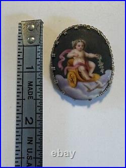 Antique Hand Painted Porcelain Chubby Cherub Lead On Sled By 2 Doves Brooch