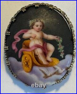 Antique Hand Painted Porcelain Chubby Cherub Lead On Sled By 2 Doves Brooch