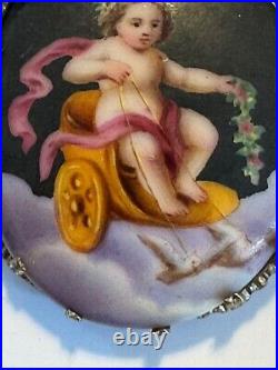 Antique Hand Painted Porcelain Chubby Cherub Lead On Sled By 2 Doves Brooch