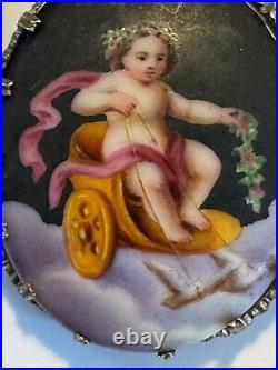 Antique Hand Painted Porcelain Chubby Cherub Lead On Sled By 2 Doves Brooch