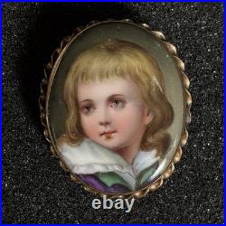 Antique Hand Painted Porcelain Portrait Brooch Victorian Gilt Frame 1.75