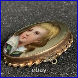Antique Hand Painted Porcelain Portrait Brooch Victorian Gilt Frame 1.75