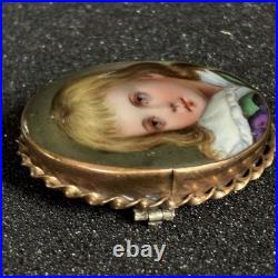 Antique Hand Painted Porcelain Portrait Brooch Victorian Gilt Frame 1.75